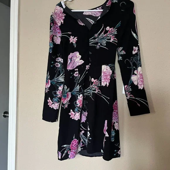 Leith Floral Long Sleeve Dress in Black Size XXS - Picture 2 of 5